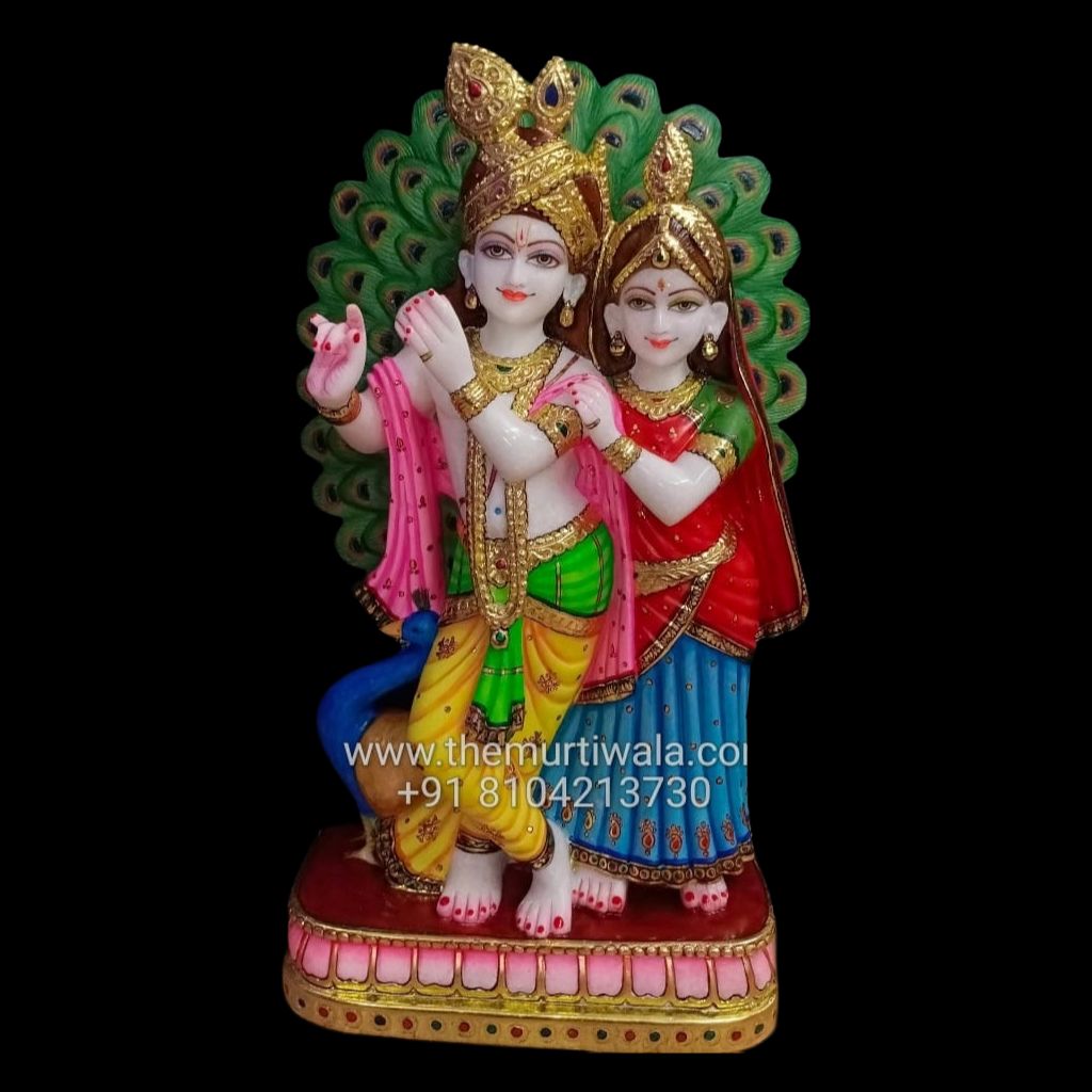 radha krishna marble murti with peacock